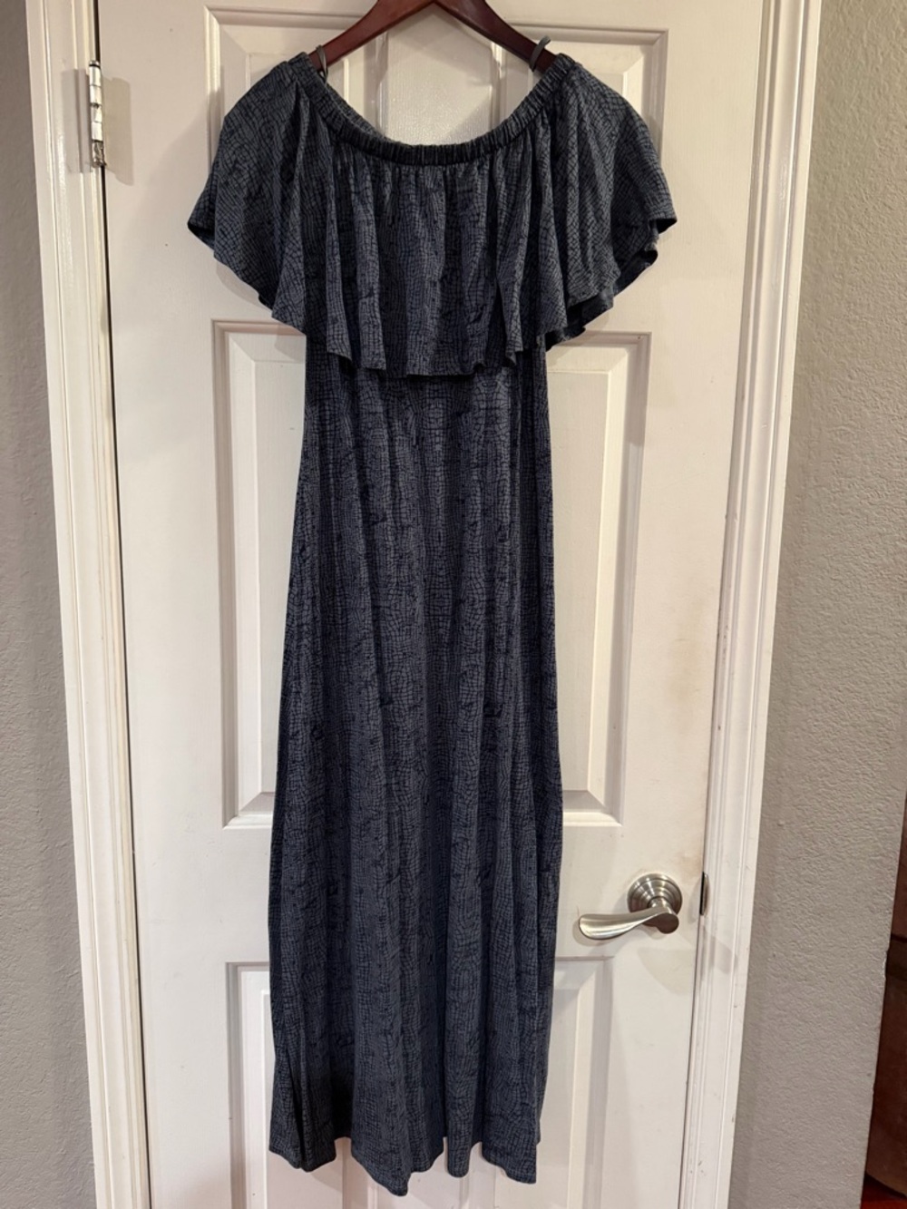 Soft Surroundings PS Off Shoulder maxi dress gray print ruffle boho travel